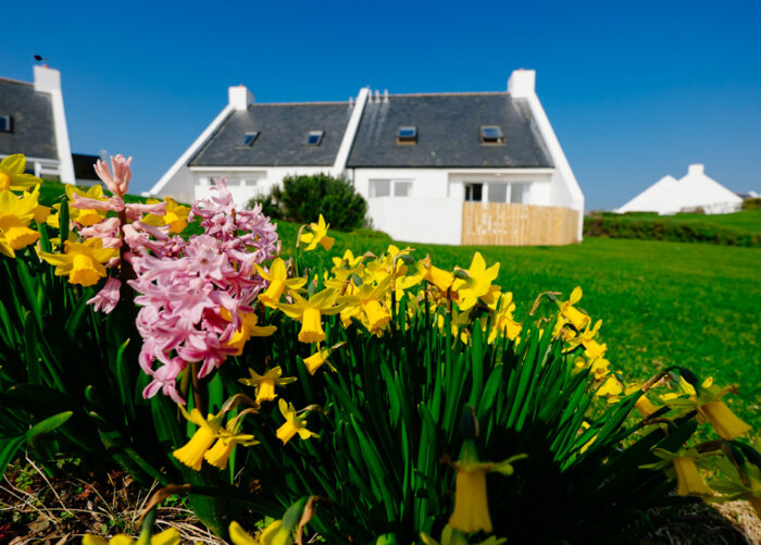 An exterior view of Nantucket showing the flowers that brighten the Highcliffe Holidays grounds.